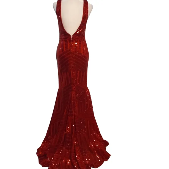 Glamorous Red Sequin Shiny V-Neck Mermaid Maxi Dress - Picture 4 of 13